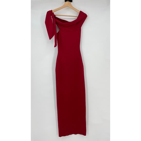SNDYS | NWT Jaymes Maxi Dress Cranberry Red Sweater Knit Off Shoulder Sheath XS - Picture 3 of 14
